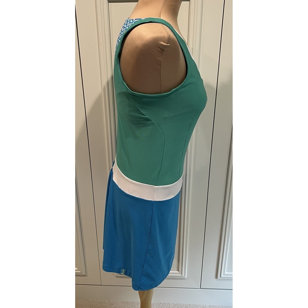 Colorblock Green and Blue Sleeveless Tennis Dress with White Trim - Picture 3 of 9